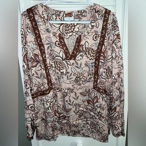 J. Jill Pink and Brown Floral Split-Neck Blouse
